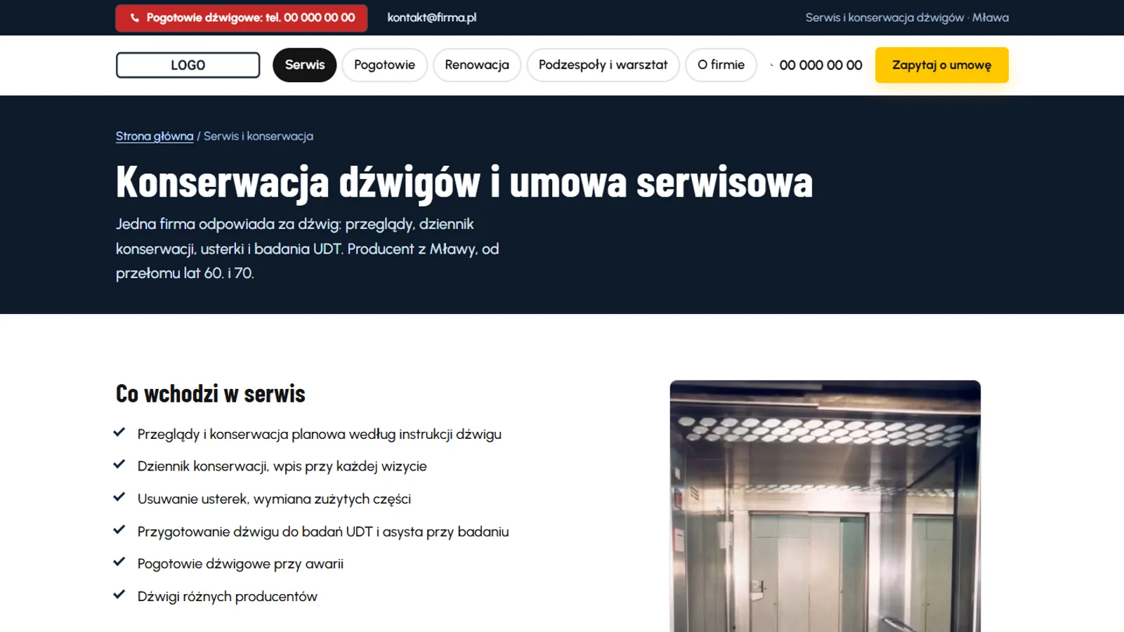 Serwis i konserwacja — lista tego, co wchodzi w umowę serwisową: przeglądy, dziennik konserwacji, usterki, badania UDT