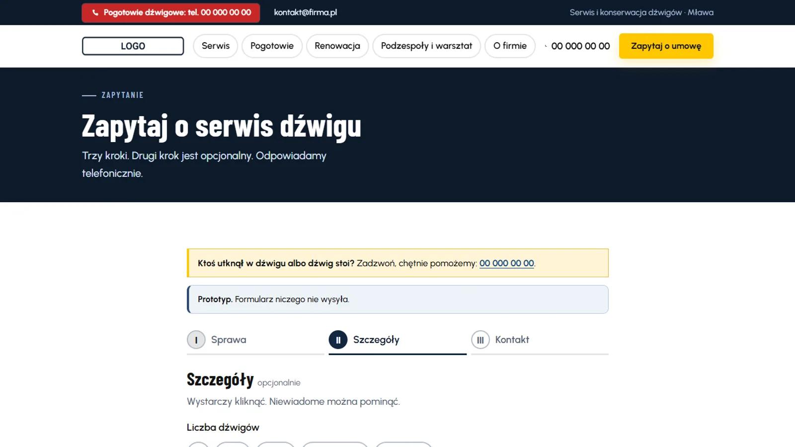 Formularz zapytania w trzech krokach — nad nim komunikat, by w awarii dzwonić, oraz oznaczenie prototypu: formularz niczego nie wysyła