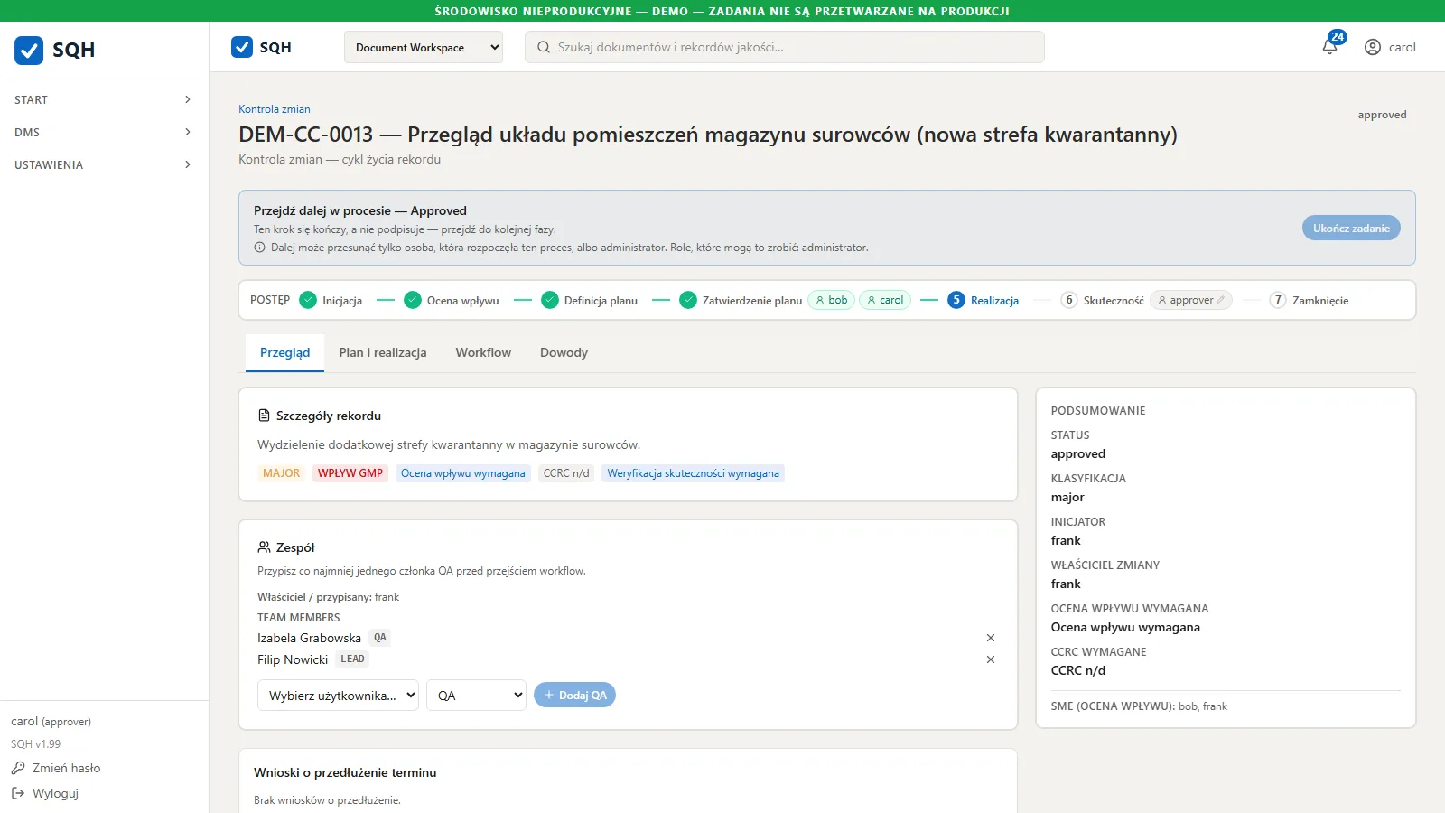 Kontrola zmian — oś faz, klasyfikacja, zespół i warunki przejścia do kolejnej fazy; dane przykładowe